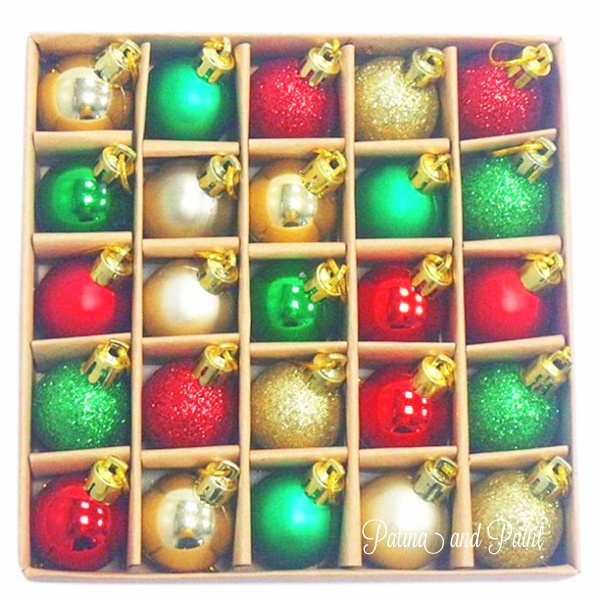 Package green, gold, and red mini ornaments