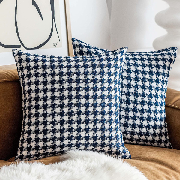 blue and white houndstooth pillow